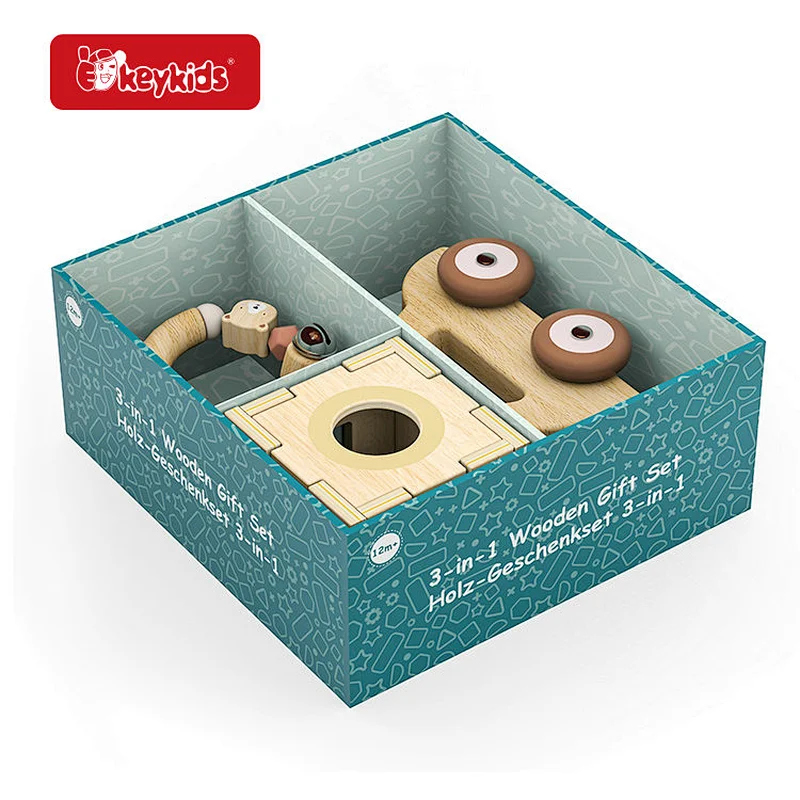 3-in-1 Wooden Baby Toy Set with Rattle, Shape Sorter and Push Car, Educational Sensory Montessori Toy for Toddlers W12F287